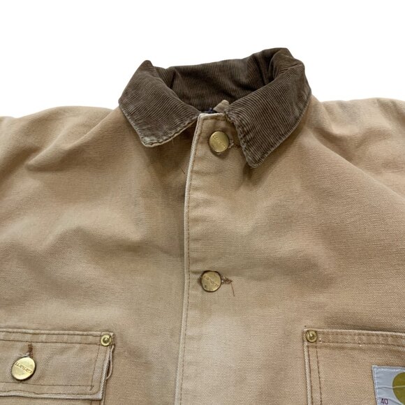 Vintage Carhartt Beige Chore Coat Corduroy Collar & Brass Buttons Sz 40 Oil Rig - Picture 6 of 11